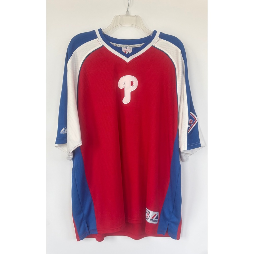 Majestic Philadelphia Phillies‎ MLB Jersey Red Blue White Mesh V-Neck Mens XL